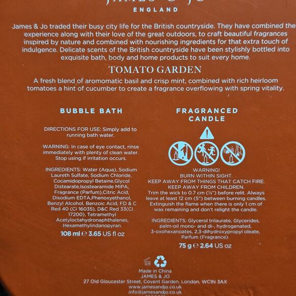 NEW James & Jo England Tomato Garden Duo Bubble Bath & Scented Candle Gift Set - Picture 12 of 16